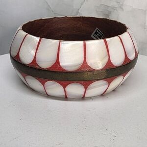 Handcrafted Wood Bangle w/ Mother of Pearl & Brass Inlay – Red – 2.5” Diameter
